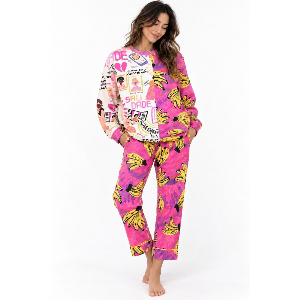Farm Rio Saudade Banana Mixed Print Sweatshirt Pants Set Small Bright Tropical